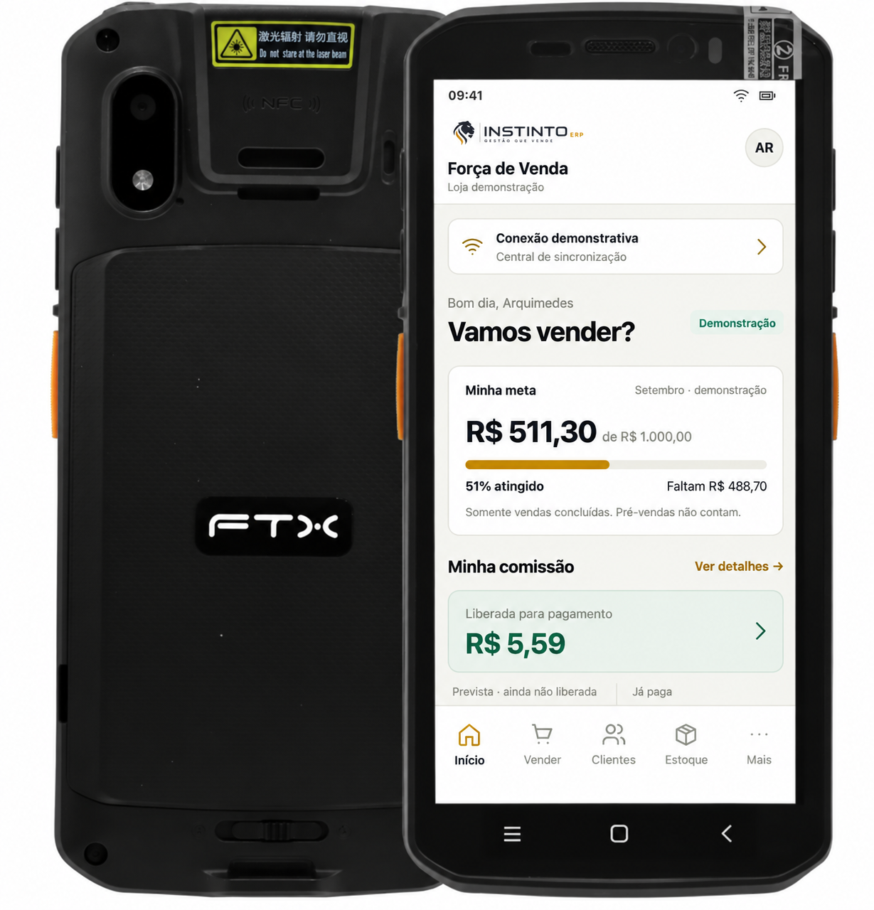 Frente e verso do coletor FTX com Instinto Força de Venda